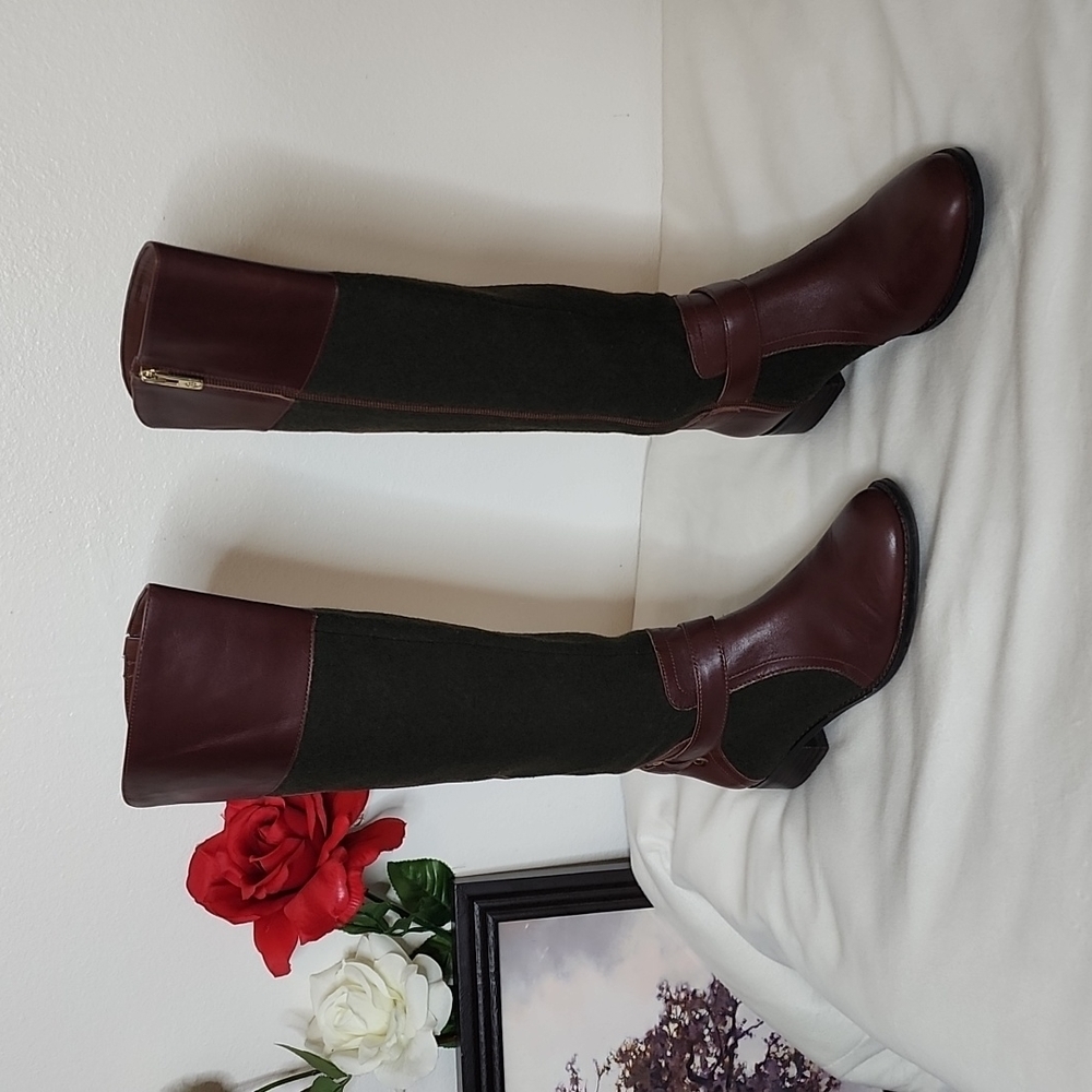 Antonio Melani Erna Riding Leather Wool Knee High Sepia Olive Boots Rare - Picture 2 of 15